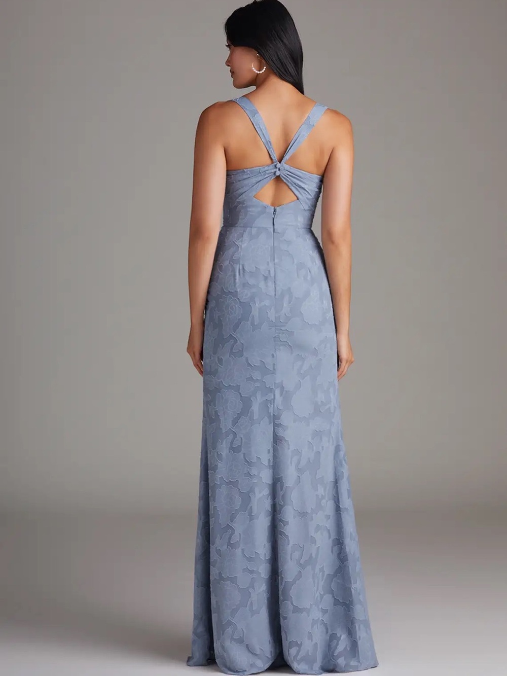 Azazie Dusty Blue Sheath Pleated Floral Burnout Bridesmaid Dress - Picture 2 of 5